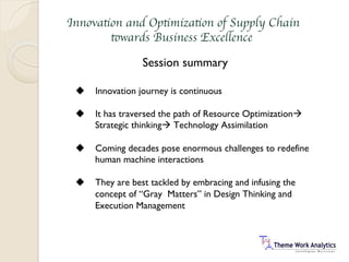 Innovation and Optimization of Supply Chain
towards Business Excellence
Session summary
u  Innovation journey is continuous
u  It has traversed the path of Resource Optimizationà
Strategic thinkingà Technology Assimilation
u  Coming decades pose enormous challenges to redefine
human machine interactions
u  They are best tackled by embracing and infusing the
concept of “Gray Matters” in Design Thinking and
Execution Management
 