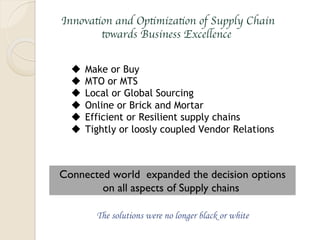 Innovation and Optimization of Supply Chain
towards Business Excellence
u  Make or Buy
u  MTO or MTS
u  Local or Global Sourcing
u  Online or Brick and Mortar
u  Efficient or Resilient supply chains
u  Tightly or loosly coupled Vendor Relations
Connected world expanded the decision options
on all aspects of Supply chains
The solutions were no longer black or white
 