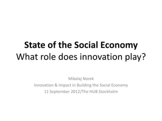 State of the Social Economy
What role does innovation play?

                     Mikolaj Norek
    Innovation & Impact in Building the Social Economy
         11 September 2012/The HUB Stockholm
 
