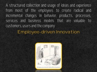 A structured collection and usage of ideas and experience
from most of the employees to create radical and
incremental changes in behavior, products, processes,
services and business models that are valuable to
customers,usersandthecompany
Employee-driven Innovation
 