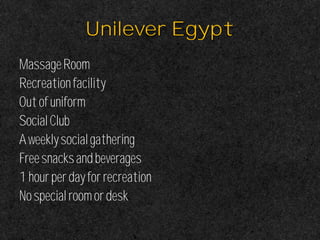 Unilever Egypt
MassageRoom
Recreationfacility
Outofuniform
SocialClub
Aweeklysocialgathering
Freesnacksandbeverages
1hourperdayforrecreation
Nospecialroomordesk
 