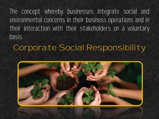 The concept whereby businesses integrate social and
environmental concerns in their business operations and in
their interaction with their stakeholders on a voluntary
basis.
Corporate Social Responsibility
 