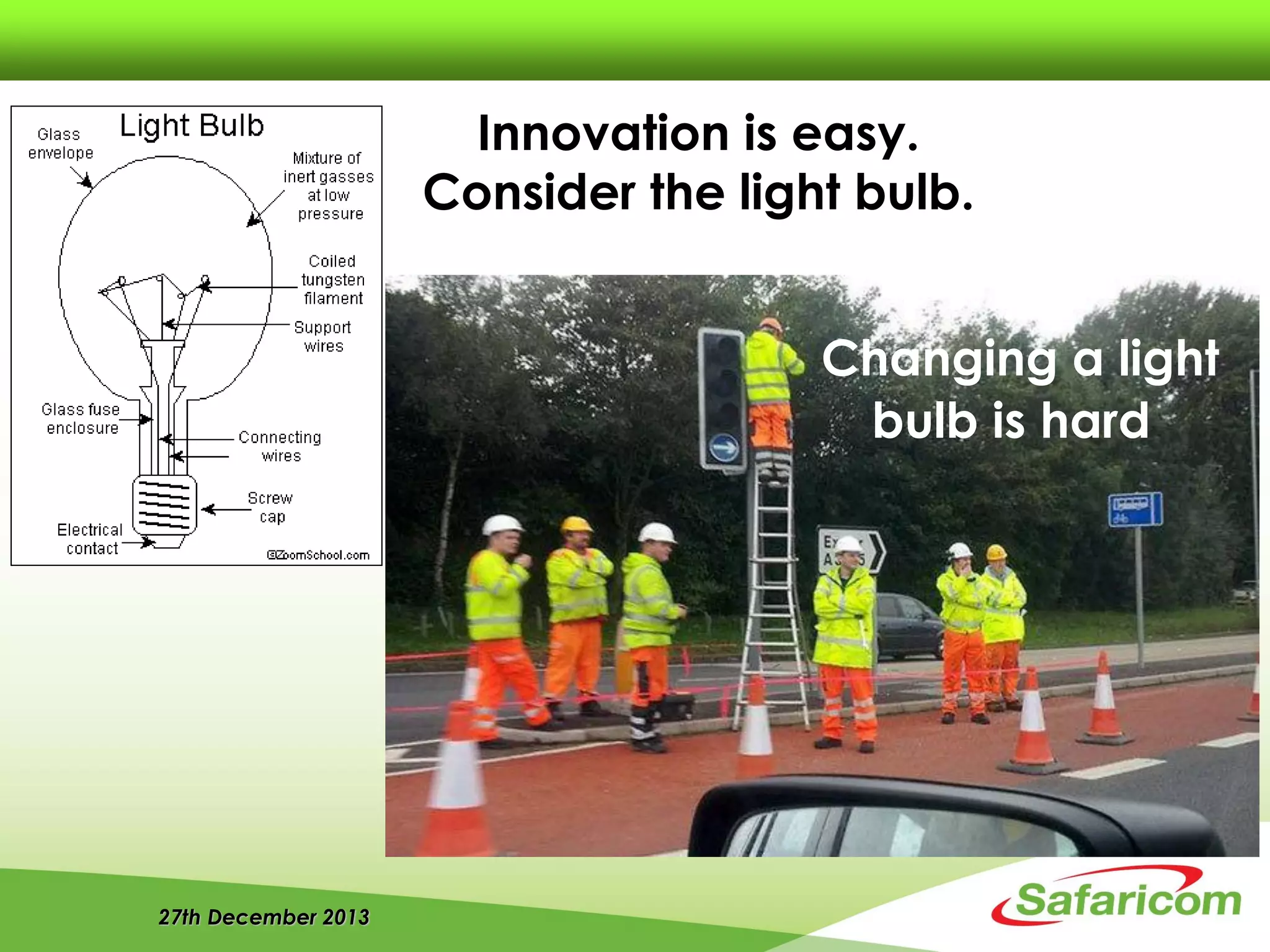 27th December 2013
Innovation is easy.
Consider the light bulb.
Changing a light
bulb is hard
 