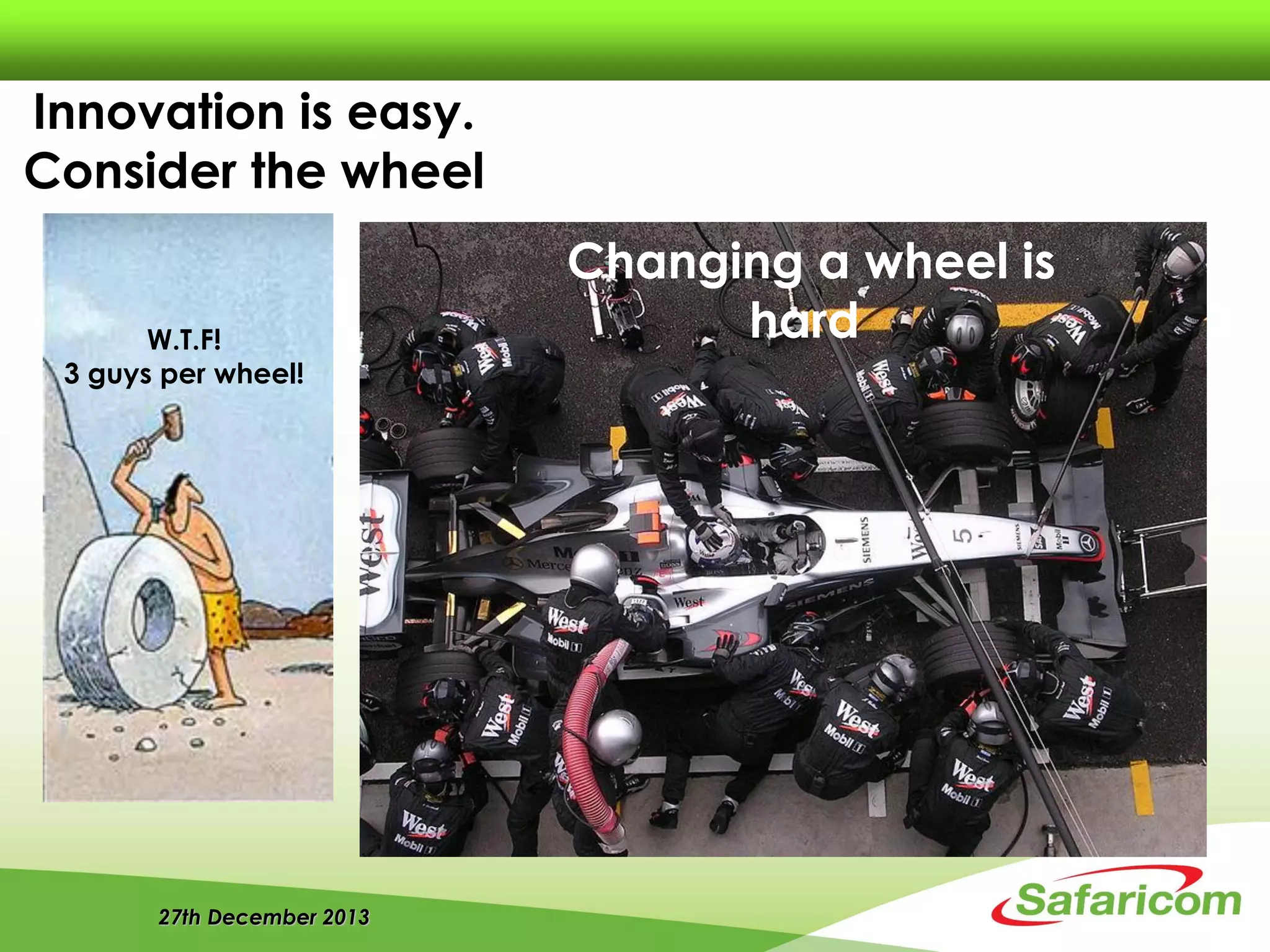 27th December 2013
Innovation is easy.
Consider the wheel
Changing a wheel is
hardW.T.F!
3 guys per wheel!
 