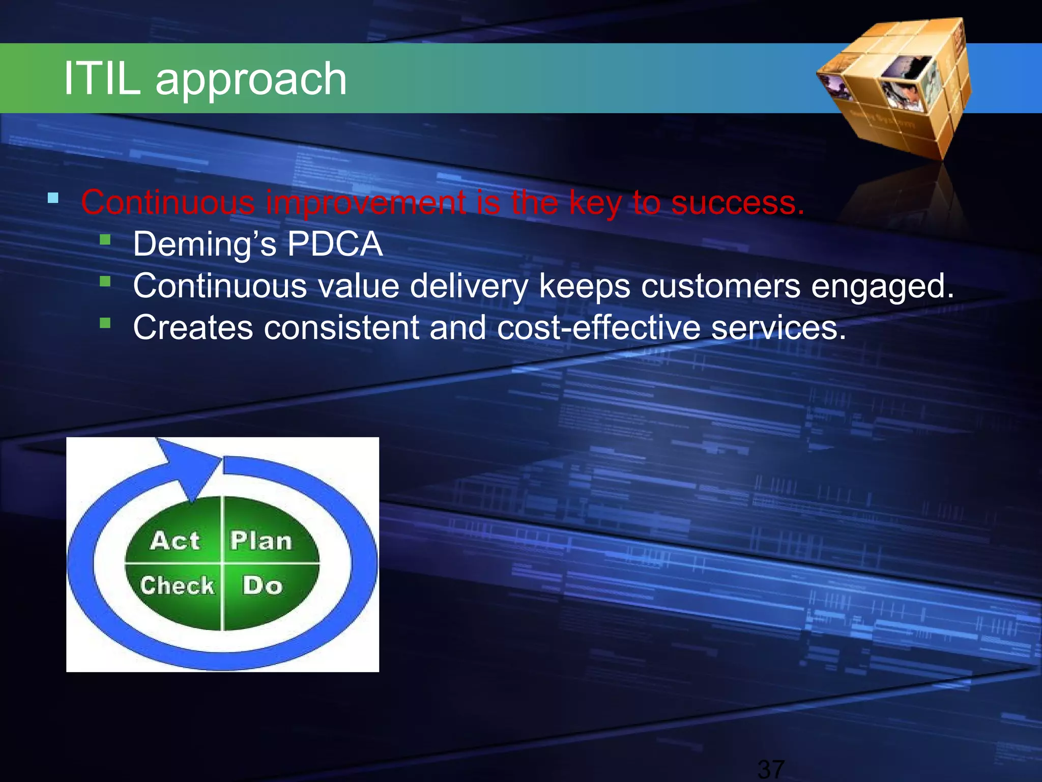 ITIL approach

 Continuous improvement is the key to success.
    Deming’s PDCA
    Continuous value delivery keeps customers engaged.
    Creates consistent and cost-effective services.




                                          37
 
