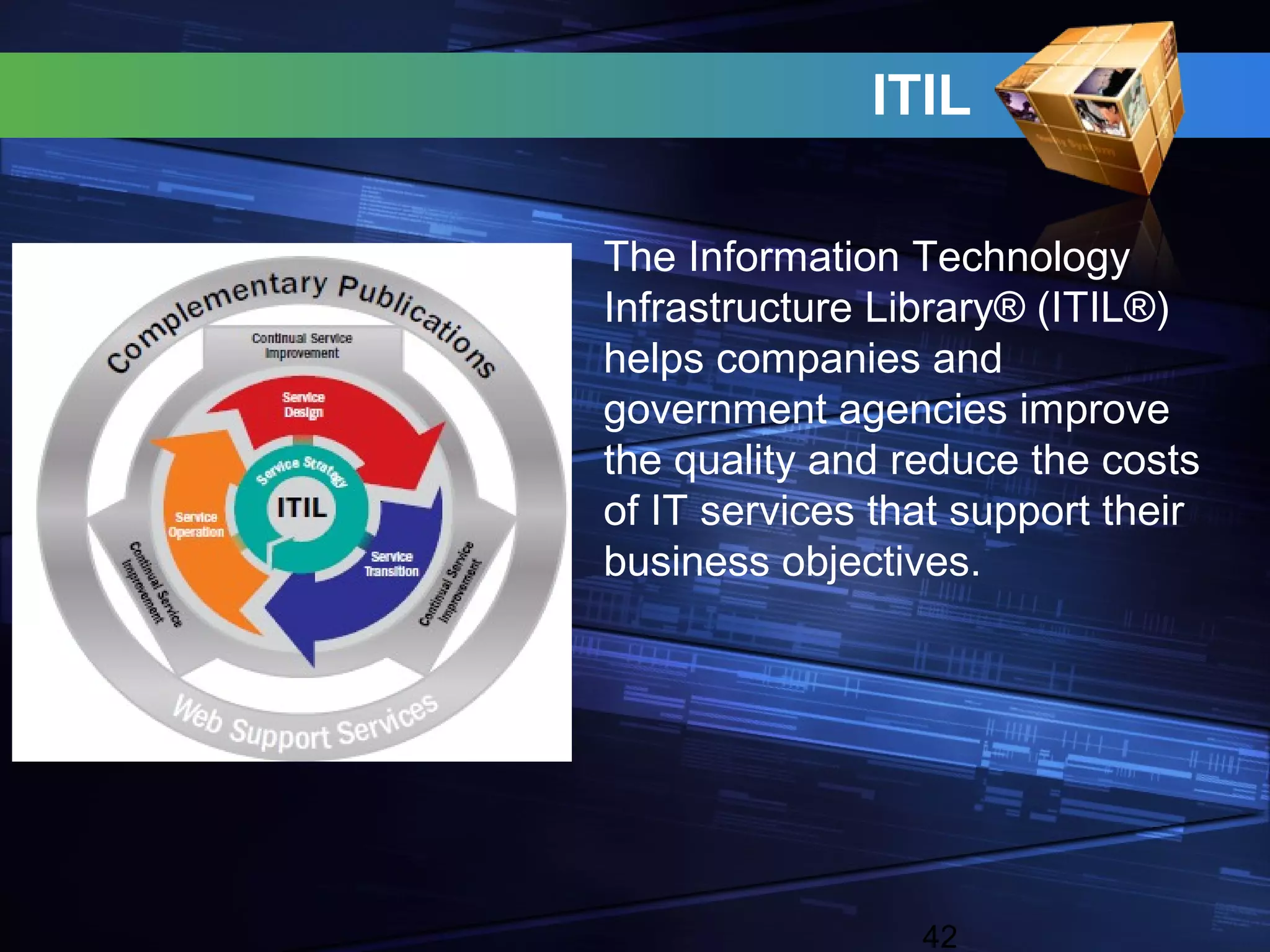 ITIL

The Information Technology
Infrastructure Library® (ITIL®)
helps companies and
government agencies improve
the quality and reduce the costs
of IT services that support their
business objectives.




                 42
 