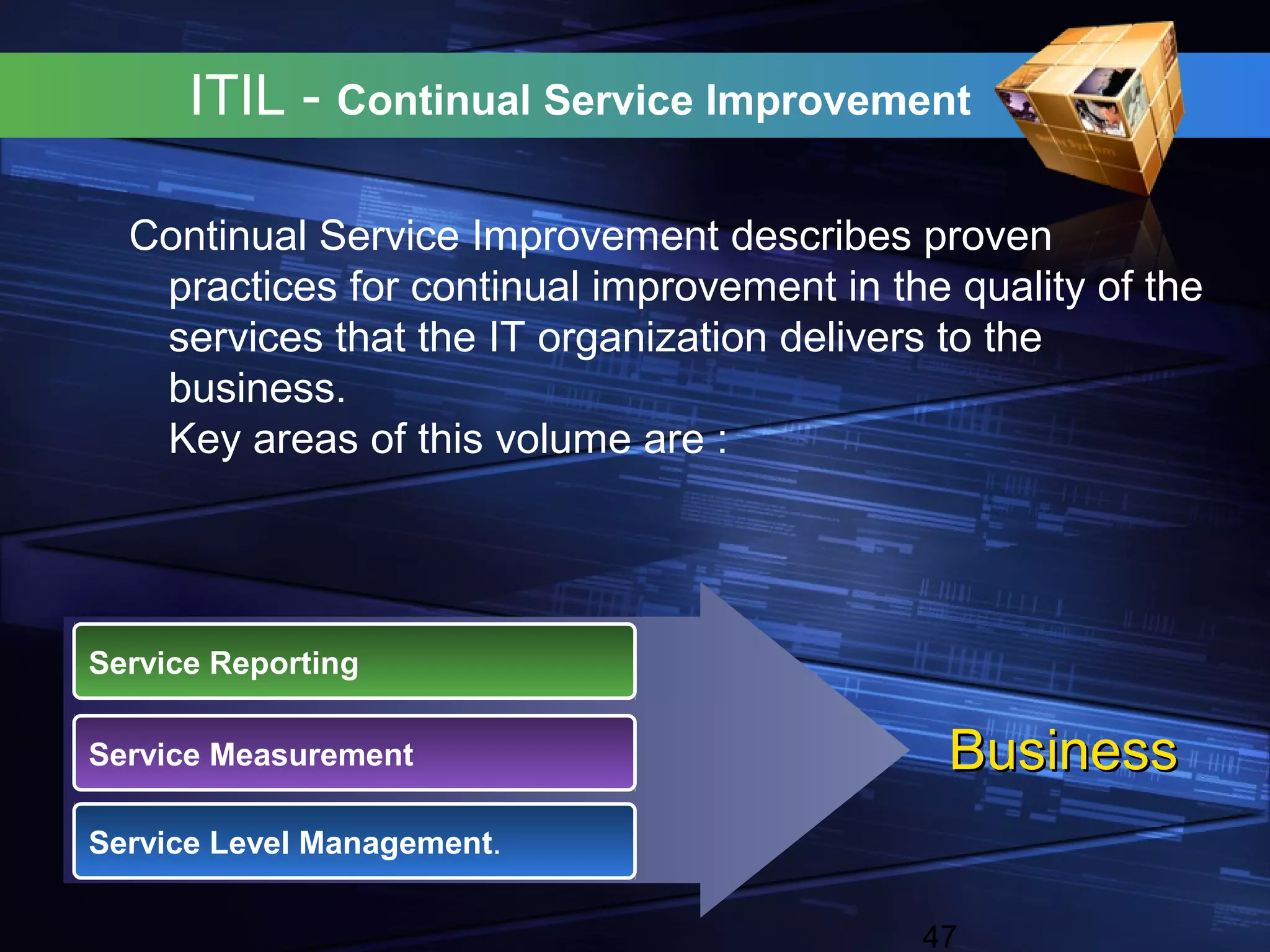 ITIL - Continual Service Improvement

  Continual Service Improvement describes proven
   practices for continual improvement in the quality of the
   services that the IT organization delivers to the
   business.
   Key areas of this volume are :




Service Reporting

Service Measurement                           Business
Service Level Management.

                                            47
 