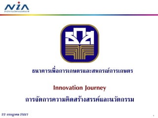 122 กรกฎาคม 2557
Innovation Journey
การจัดการความคิดสร้างสรรค์และนวัตกรรม
ธนาคารเพื่อการเกษตรและสหกรณ์การเกษตร
 