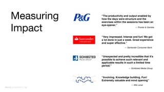Measuring
Impact
“The productivity and output enabled by
how the days were structure and the
exercises within the sessions has been an
eye-opener.”
— Procter & Gamble
“Very impressed. Intense and fun! We got
a lot done in just a week. Great experience
and super effective.”
— Santander Consumer Bank
“Unexpected and pretty incredible that it’s
possible to achieve such relevant and
applicable results in such a limited time
period.”
— Schibsted Media Group
“Involving. Knowledge building. Fun!
Extremely valuable and mind opening”
— Alfa Laval
Neo4j Innovation Lab
 