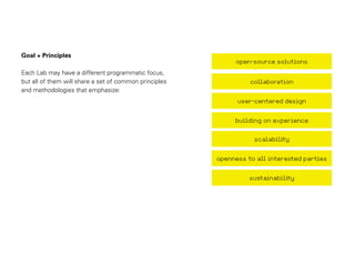 Goal + Principles
                                                             open-source solutions
Each Lab may have a different programmatic focus,
but all of them will share a set of common principles             collaboration
and methodologies that emphasize:
                                                              user-centered design


                                                             building on experience


                                                                   scalability


                                                        openness to all interested parties


                                                                  sustainability
 