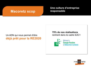 75% de nos réalisations
rentrent dans le cadre E2C1Un ADN qui nous permet d’être
déjà prêt pour la RE2020
Une culture d’entreprise
responsableMacoretz scop
 