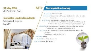 Our Inspiration Journey
15.30-16.00 Welcome Coffee
16.00-16.10 Welcome by MTI2 (prof.dr. Stefan Stremersch & dr. Isabel
Ve...