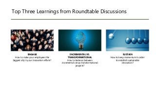 Top Three Learnings from Roundtable Discussions
INCREMENTAL VS.
TRANSFORMATIONAL
How to balance between
incremental versus...