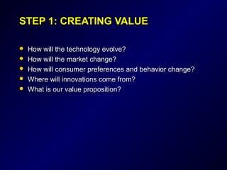 STEP 1: CREATING VALUESTEP 1: CREATING VALUE
 How will the technology evolve?How will the technology evolve?
 How will the market change?How will the market change?
 How will consumer preferences and behavior change?How will consumer preferences and behavior change?
 Where will innovations come from?Where will innovations come from?
 What is our value proposition?What is our value proposition?
 