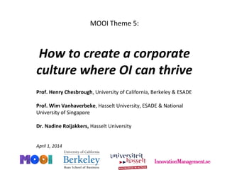MOOI Theme 5:
How to create a corporate
culture where OI can thrive
Prof. Henry Chesbrough, University of California, Berkeley & ESADE
Prof. Wim Vanhaverbeke, Hasselt University, ESADE & National
University of Singapore
Dr. Nadine Roijakkers, Hasselt University
April 1, 2014
 