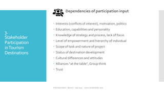 3.
Stakeholder
Participation
inTourism
Destinations
Dependencies of participation input
 Interests (conflicts of interest...