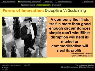 …  Curves   of innovation December 17, 2009 Innovation Management Slide  Sigmoid Curve  (a typical life cycle of almost anything):  invention continuity The prescription to success: Blend of continuity with invention Charles Handy Professor at London business school Definition & Scope Thought leadership Principles Novel Design (invention/ innovation) Dominant Design  (no product innovation) Adaptive Designs (marginal innovation) Redesign (invention/ innovation) Niche Designs (some innovation) Continuous Redesign (innovation) Stages of Design Henry Mintzberg Professor, Management, McGill Univ. & INSEAD 