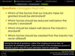Blue Ocean  Strategy December 17, 2009 Innovation Management Slide  Blue Ocean Strategy W. Chan Kim; Renee Mauborgne, Insead  Harvard Business Review, Oct 2004 Characteristics Red ocean Strategy Blue Ocean Strategy Compete in existing market Create uncontested market space Beat the competition Make the competition irrelevant Exploit existing demand Create and capture new demand Make the Value/ cost trade off Break the value/cost trade-off Align whole system of company’s activities with its strategic choice of differentiation or low cost Align whole system of company’s activities in pursuit of differentiation and low cost Definition & Scope Thought leadership Principles 