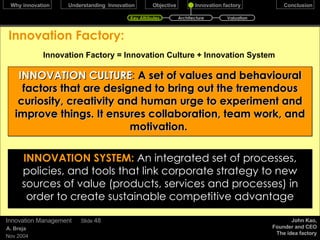 Our  objective  is… To gain  sustainable competitive advantage   by creating an  integrated, inspiring, reliable & relevant   Innovation & Change Management System that would build enterprise wide capacity to continuously innovate in  all aspects of business at all levels December 17, 2009 Innovation Management Slide  Goal Analysis Recommended Strategy 