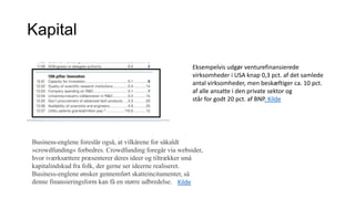 Kapital

                                                        Eksempelvis udgør venturefinansierede
                                                        virksomheder i USA knap 0,3 pct. af det samlede
                                                        antal virksomheder, men beskæftiger ca. 10 pct.
                                                        af alle ansatte i den private sektor og
                                                        står for godt 20 pct. af BNP. Kilde




Business-englene foreslår også, at vilkårene for såkaldt
»crowdfunding« forbedres. Crowdfunding foregår via websider,
hvor iværksættere præsenterer deres ideer og tiltrækker små
kapitalindskud fra folk, der gerne ser ideerne realiseret.
Business-englene ønsker gennemført skatteincitamenter, så
denne finansieringsform kan få en større udbredelse. Kilde
 