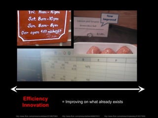 Efficiency Innovation Examples: Extending hours or service, Changing production line to accommodate more widgets Developing a new method to standardized systemwide reporting. = Improving on what already exists http://www.flickr.com/photos/scottobear/2318837083/ http://www.flickr.com/photos/da5ide/456847031/ http://www.flickr.com/photos/irinaslutsky/519317305/ 