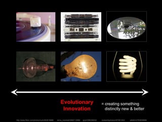 Evolutionary   Innovation = creating something    distinctly new & better http://www.flickr.com/photos/murk/463819896/ /erica_marshall/2666112988/ /grytr/296339032/ /outsanityphotos/457461303/ /alfathir/2783830899/ 