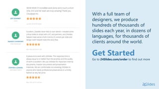 With a full team of
designers, we produce
hundreds of thousands of
slides each year, in dozens of
languages, for thousands of
clients around the world.
Get Started
Go to 24Slides.com/order to find out more
 