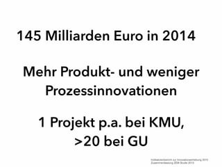 145 Milliarden Euro in 2014
Mehr Produkt- und weniger
Prozessinnovationen
1 Projekt p.a. bei KMU,
>20 bei GU
Indikatorenbericht zur Innovationserhebung 2015
Zusammenfassung ZEW Studie 2013
 