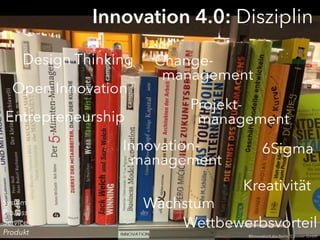 Innovation 4.0: Disziplin
Entrepreneurship
Innovation-
management
Open Innovation
6Sigma
Projekt-
management
Change-
management
Wachstum
Wettbewerbsvorteil
Kreativität
Produkt
Service
Prozess
System
Design Thinking
©InnovationLabs.Berlin, Cyoneer GmbH
 