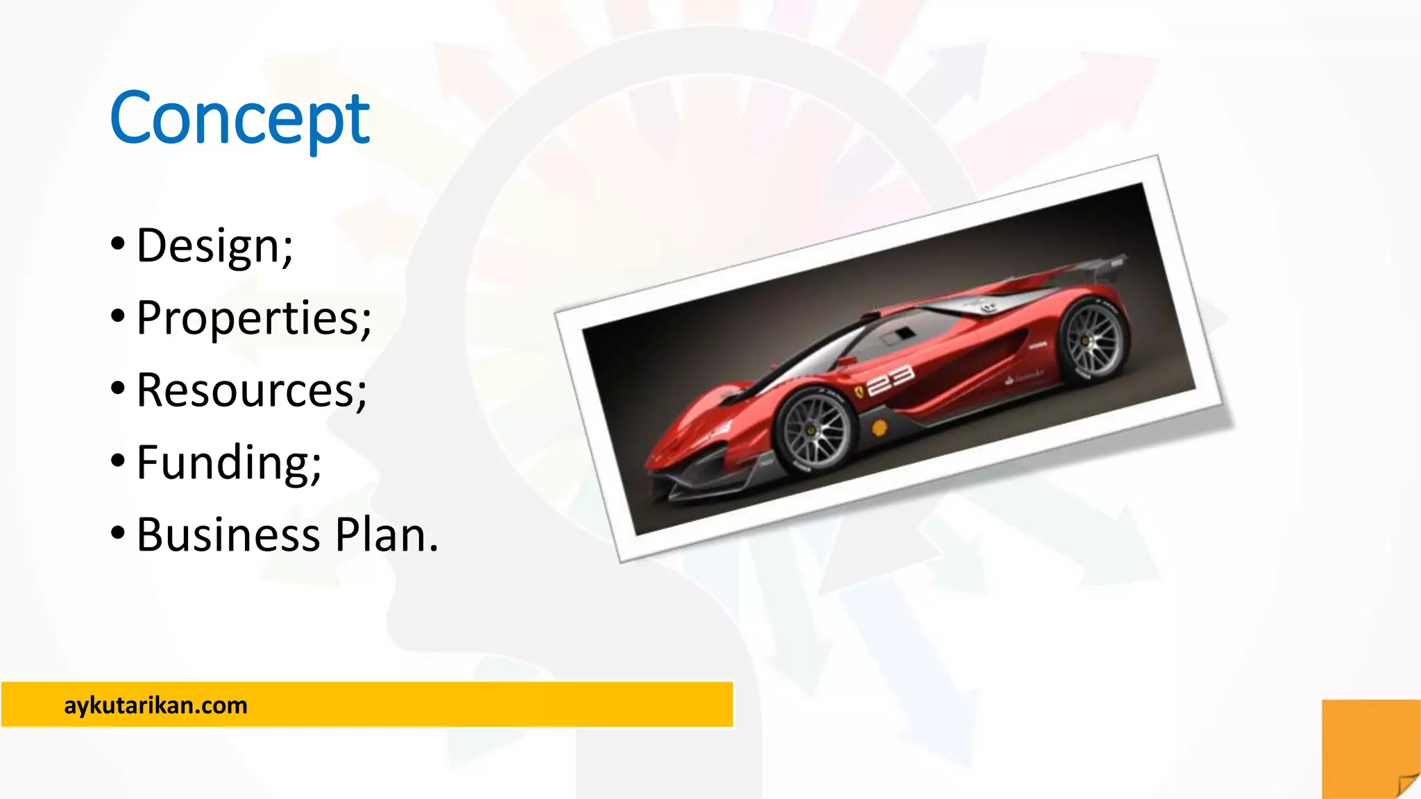 aykutarikan.com
Concept
•Design;
•Properties;
•Resources;
•Funding;
•Business Plan.
 