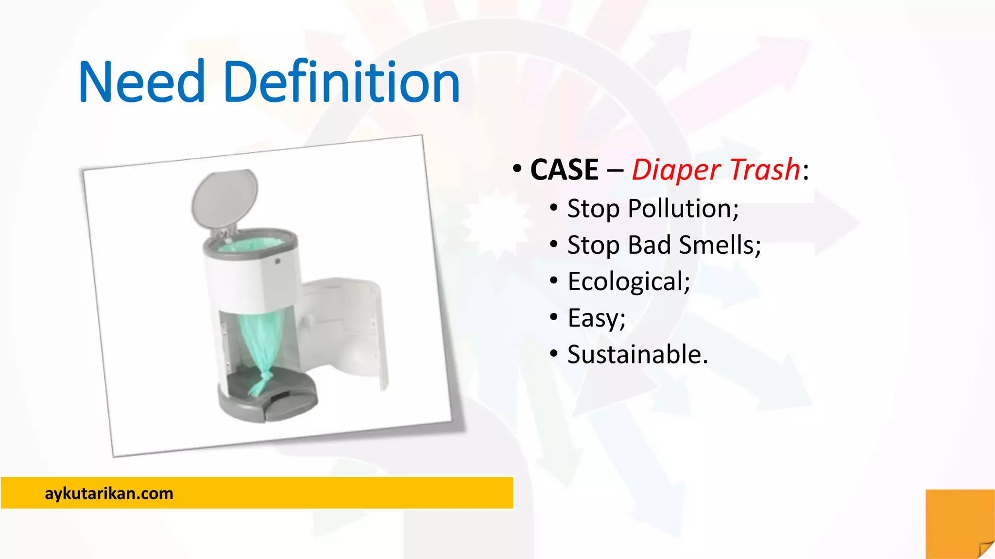 aykutarikan.com
Need Definition
• CASE – Diaper Trash:
• Stop Pollution;
• Stop Bad Smells;
• Ecological;
• Easy;
• Sustainable.
 