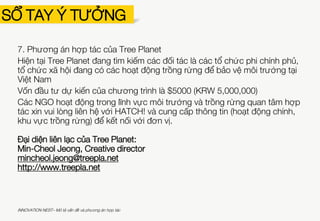 SỔ TAY Ý TƯỞNG
Tree Planet
6. Thành tựu đạt được
Tổng cộng: 12 triệu đô
350 cây xanh mỗi ngày
3177 tấn CO2 mỗi năm
INNOVATION NEST– Mô tả vấn đề và phương án hợp tác
 
