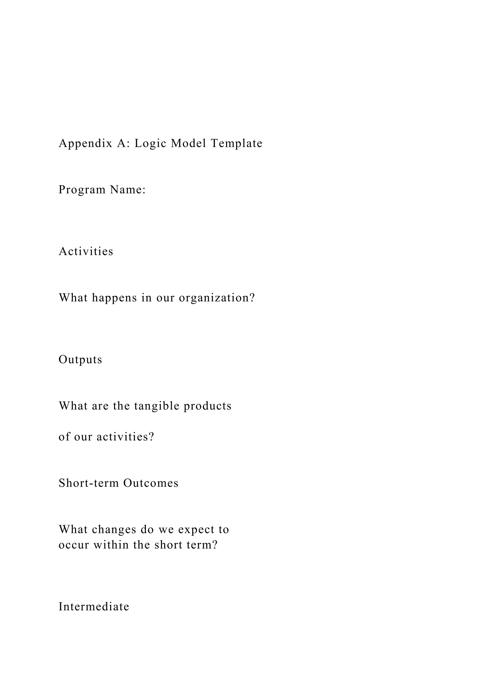 Appendix A: Logic Model Template
Program Name:
Activities
What happens in our organization?
Outputs
What are the tangible products
of our activities?
Short-term Outcomes
What changes do we expect to
occur within the short term?
Intermediate
 