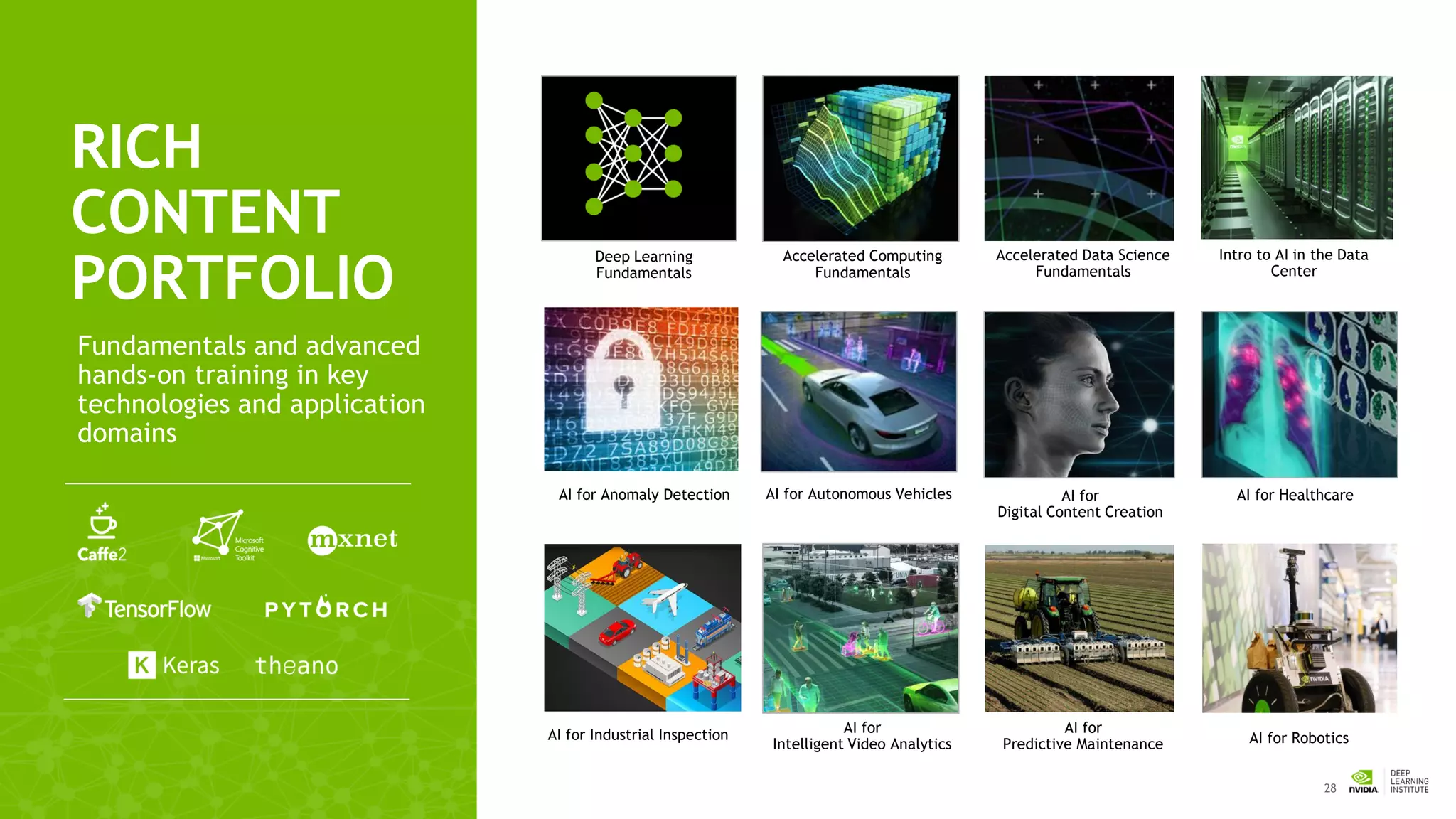 28
RICH
CONTENT
PORTFOLIO
Fundamentals and advanced
hands-on training in key
technologies and application
domains
AI for
Digital Content Creation
Deep Learning
Fundamentals
AI for HealthcareAI for Autonomous Vehicles
AI for
Intelligent Video Analytics
Accelerated Computing
Fundamentals
AI for Robotics
AI for
Predictive Maintenance
Accelerated Data Science
Fundamentals
Intro to AI in the Data
Center
AI for Anomaly Detection
AI for Industrial Inspection
 