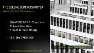 5
NVIDIA’s DGX SuperPOD Deployment
THE SELENE SUPERCOMPUTER
280 NVIDIA DGX A100 systems
15 km optical fibre
7 PB of all-flash storage
#2 in the GREEN 500
built in under one month
nvidia.com/en-us/data-center/dgx-a100/
 