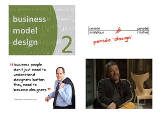 business'
model                                          pensée              pensée




                                           2
                                               analytique          intuitive

                                                        “design
                                                               ”
design                                           pensée




“   business people
    don’t just need to
    understand
    designers better;
    they need to
    become designers


    Roger*Mar:n,*Dean*Rotman*School*
                                       ”
 