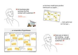 un*business*model*peut*paraître*
                                                                               intéressant*sur*papier*...

                          “    no business plan
                               survives the ﬁrst                                                 building
                                                                                                  block



                               contact with customers
                                                                       ”
                                                                                                                                               building
                                                                                                    building                                    block
                                                                                                               bloc
                                                                                  building           block k
                                                                                   block                                 building
                                                                                                                          block
                                                                                                                                                              build
                                                                                                                                                                    in
                                                                                                                                                              block g


                               Steve Blank                                                                                          building
                                                                                                                                     block
                                                                                                 building

                               entrepreneur & author                                              block

                                                                                                                                                build
                                                                                                                                                      in
                                                                                                                                                block g



                                                                                      building                 build
                                                                                       block                   blo ing
                                                                                                                   ck

                                                                                                                                                   building
                                                                                                                                                   block




                                                                                                                                                                         ...*mais*après*tout*
                                                                                                                                                                         ce*n’est*que*...



            ... un ensemble d’hypothèses



                                                                                                                                    “
            hypothèse                                                                                                                           there are no facts in
                                                  hypothèse

                hypothèse
                                                                                                                                                the building... so get
                               hypothè
                                       se                          hypothè
                                                                          se                                                                    the hell out and talk to
hypothèse




              hypothèse
                                              hypothè
                                                        se


                                                       hypothè
                                                              se
                                                                                                                                                customers
                                                                                                                                                 Steve Blank
                                                                                                                                                 entrepreneur & author
                                                                                                                                                                            ”
                        hypo
                            thèse
         hèse                                            hypothèse
    hypot
 