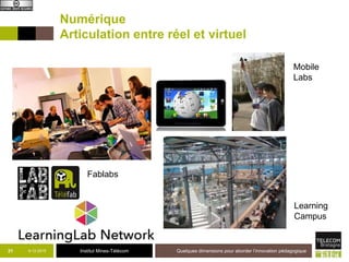 Institut Mines-Télécom9-12-2015 Quelques dimensions pour aborder l’innovation pédagogique32
De nouvelles formes événementielles
 Créativité
 Interdisciplinarité
 Ouverture
 Version beta généralisée
 Communautés
 Événements récurrents,
festifs
─ http://www.museomix.com/
 