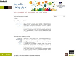 Institut Mines-Télécom
Fitness and heartrate
Effect of noise
pollution on birds
Healthy eating
Micro-climates
Urban heat islandsFood packaging
and decay
Myself My Environment My Community
Des situations d’investigation signifiantes
M. Sharples : Pedagogy and Learning with Mobile Phones, UNESCO 2011
9-12-2015 Quelques dimensions pour aborder l’innovation pédagogique36
 