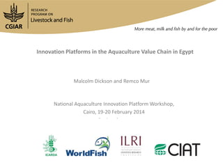 Innovation Platforms in the Aquaculture Value
Chain in Egypt
Malcolm Dickson

National Aquaculture Innovation Platform Workshop,
Cairo, 19-20 February 2014

 