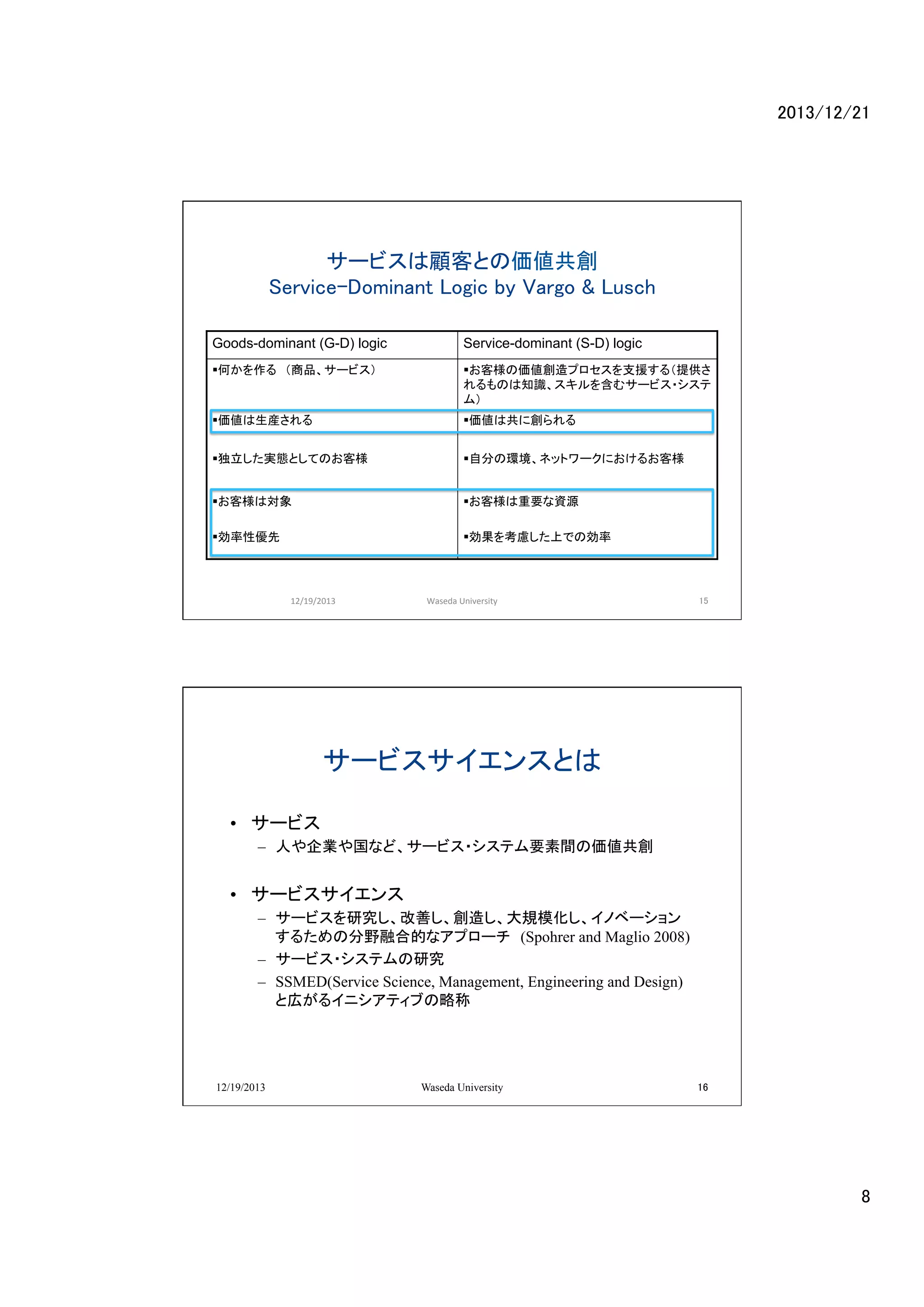 2013/12/21	

サービスは顧客との価値共創 
Service-Dominant Logic by Vargo & Lusch	
Goods-dominant (G-D) logic	

Service-dominant (S-D) logic	

§ 何かを作る　（商品、サービス）

§ お客様の価値創造プロセスを支援する（提供さ
れるものは知識、スキルを含むサービス・システ
ム）

§ 価値は生産される

§ 価値は共に創られる	

§ 独立した実態としてのお客様

§ 自分の環境、ネットワークにおけるお客様

§ お客様は対象	

§ お客様は重要な資源	

§ 効率性優先

§ 効果を考慮した上での効率

12/19/2013	

Waseda	
  University	

15	
  

サービスサイエンスとは	
•  サービス
–  人や企業や国など、サービス・システム要素間の価値共創

•  サービスサイエンス
–  サービスを研究し、改善し、創造し、大規模化し、イノベーション
するための分野融合的なアプローチ　(Spohrer and Maglio 2008)
–  サービス・システムの研究
–  SSMED(Service Science, Management, Engineering and Design)
と広がるイニシアティブの略称

12/19/2013

Waseda University

16

8	

 