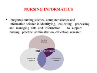 NURSING INFORMATICS
• Integrates nursing science, computer science and
information science in identifying, collecting, processing
and managing data and information to support
nursing practice, administration, education, research
 