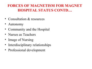 FORCES OF MAGNETISM FOR MAGNET
HOSPITAL STATUS CONTD…
• Consultation & resources
• Autonomy
• Community and the Hospital
• Nurses as Teachers
• Image of Nursing
• Interdisciplinary relationships
• Professional development
 