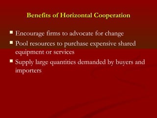 BBeenneeffiittss ooff HHoorriizzoonnttaall CCooooppeerraattiioonn 
 Encourage firms to advocate for change 
 Pool resources to purchase expensive shared 
equipment or services 
 Supply large quantities demanded by buyers and 
importers 
 