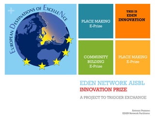 +
EDEN NETWORK AISBL
INNOVATION PRIZE
A PROJECT TO TRIGGER EXCHANGE
PLACE MAKING
E-Prize
THIS IS
EDEN
INNOVATION
PLACE MAKING
E-Prize
COMMUNITY
BULDING
E-Prize
Antonio Pezzano
EDEN Network Facilitator
 