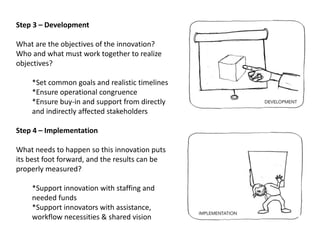 Step 3 – Development
What are the objectives of the innovation?
Who and what must work together to realize
objectives?
*Set common goals and realistic timelines
*Ensure operational congruence
*Ensure buy-in and support from directly
and indirectly affected stakeholders
Step 4 – Implementation
What needs to happen so this innovation puts
its best foot forward, and the results can be
properly measured?
*Support innovation with staffing and
needed funds
*Support innovators with assistance,
workflow necessities & shared vision
 