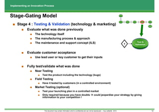 Implementing an Innovation Process



Stage-Gating Model                                                                                                                        Discovery




                                                                                                                                             1




                                                                                                                                                          Business                          Test &
                                                                                                                                          Scoping     2              3   Development   4                5    Launching
                                                                                                                                                           Case                            Validation




 ■ Stage 4 : Testing & Validation (technology & marketing)                                                                                                                                                  Post Launch
                                                                                                                                                                                                              Review




        ■    Evaluate what was done previously
               ■   The technology itself
               ■   The manufacturing process & approach
                                                                                                                                                                                  Test &
               ■   The maintenance and support concept (ILS)                                                                                          4                          Validation



        ■    Evaluate customer acceptance
               ■   Use lead user or key customer to get their inputs


        ■    Fully test/validate what was done
               ■   Near Testing
                     ■   Test the product including the technology (bugs)
               ■   Field Testing
                     ■   Have it tested by customers (in a controlled environment)
               ■   Market Testing (optional)
                     ■   Test your launching plan in a controlled market
                     ■   Only required because you have doubts                                      could jeopardize your strategy by giving
                         information to your competition !




                          This document may contain information which is confidential and can not be reproduced --- Guy Laliberté, 2010                                                                                  12
 