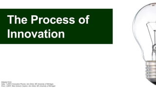 The Process of
Innovation
Adapted from:
Faley, T (2007). Innovation Process. Ann Arbor, MI: University of Michigan
Price, J (2007). New Venture Creation. Ann Arbor, MI: University of Michigan
 