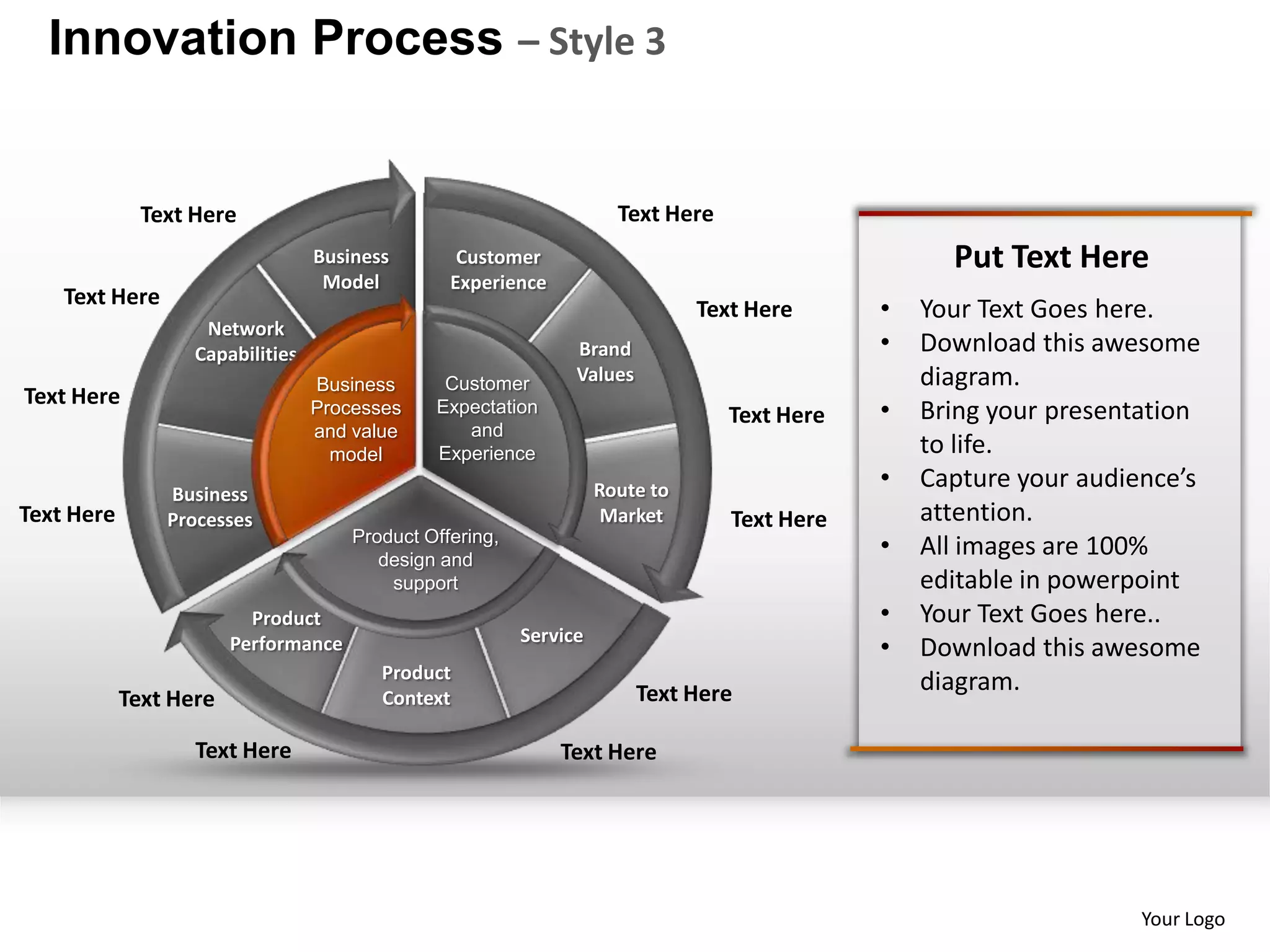 Innovation Process – Style 3


              Text Here                                               Text Here
                                  Business        Customer                                          Put Text Here
                                   Model         Experience
    Text Here
                                                                               Text Here      •   Your Text Goes here.
                    Network
                   Capabilities                                 Brand                         •   Download this awesome
                                  Business      Customer        Values                            diagram.
Text Here                         Processes    Expectation                        Text Here   •   Bring your presentation
                                  and value       and
                                    model      Experience                                         to life.
                                                                    Route to                  •   Capture your audience’s
                Business
Text Here       Processes                                            Market       Text Here       attention.
                                      Product Offering,
                                         design and
                                                                                              •   All images are 100%
                                          support                                                 editable in powerpoint
                          Product                                                             •   Your Text Goes here..
                                                          Service
                        Performance                                                           •   Download this awesome
                                         Product
                                                                         Text Here                diagram.
            Text Here                    Context

                   Text Here                                  Text Here




                                                                                                                    Your Logo
 