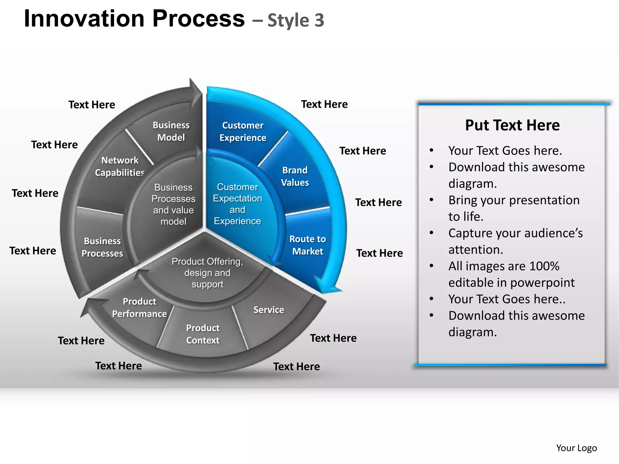 Innovation Process – Style 3


              Text Here                                               Text Here
                                  Business        Customer                                          Put Text Here
                                   Model         Experience
    Text Here
                                                                               Text Here      •   Your Text Goes here.
                    Network
                   Capabilities                                 Brand                         •   Download this awesome
                                  Business      Customer        Values                            diagram.
Text Here                         Processes    Expectation                        Text Here   •   Bring your presentation
                                  and value       and
                                    model      Experience                                         to life.
                                                                    Route to                  •   Capture your audience’s
                Business
Text Here       Processes                                            Market       Text Here       attention.
                                      Product Offering,
                                         design and
                                                                                              •   All images are 100%
                                          support                                                 editable in powerpoint
                          Product                                                             •   Your Text Goes here..
                                                          Service
                        Performance                                                           •   Download this awesome
                                         Product
                                                                         Text Here                diagram.
            Text Here                    Context

                   Text Here                                  Text Here




                                                                                                                    Your Logo
 